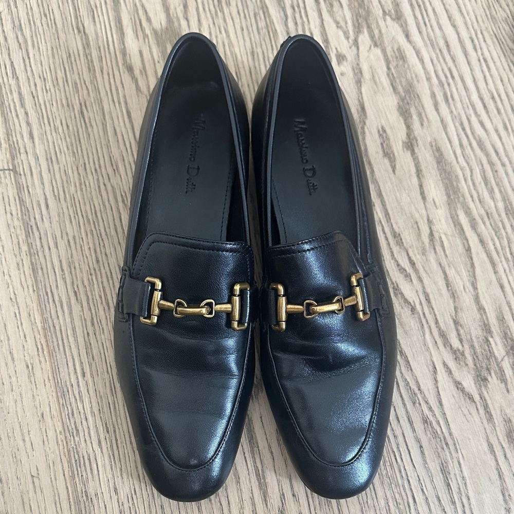 Massimo Dutti Black Leather Loafers with Gold Accents